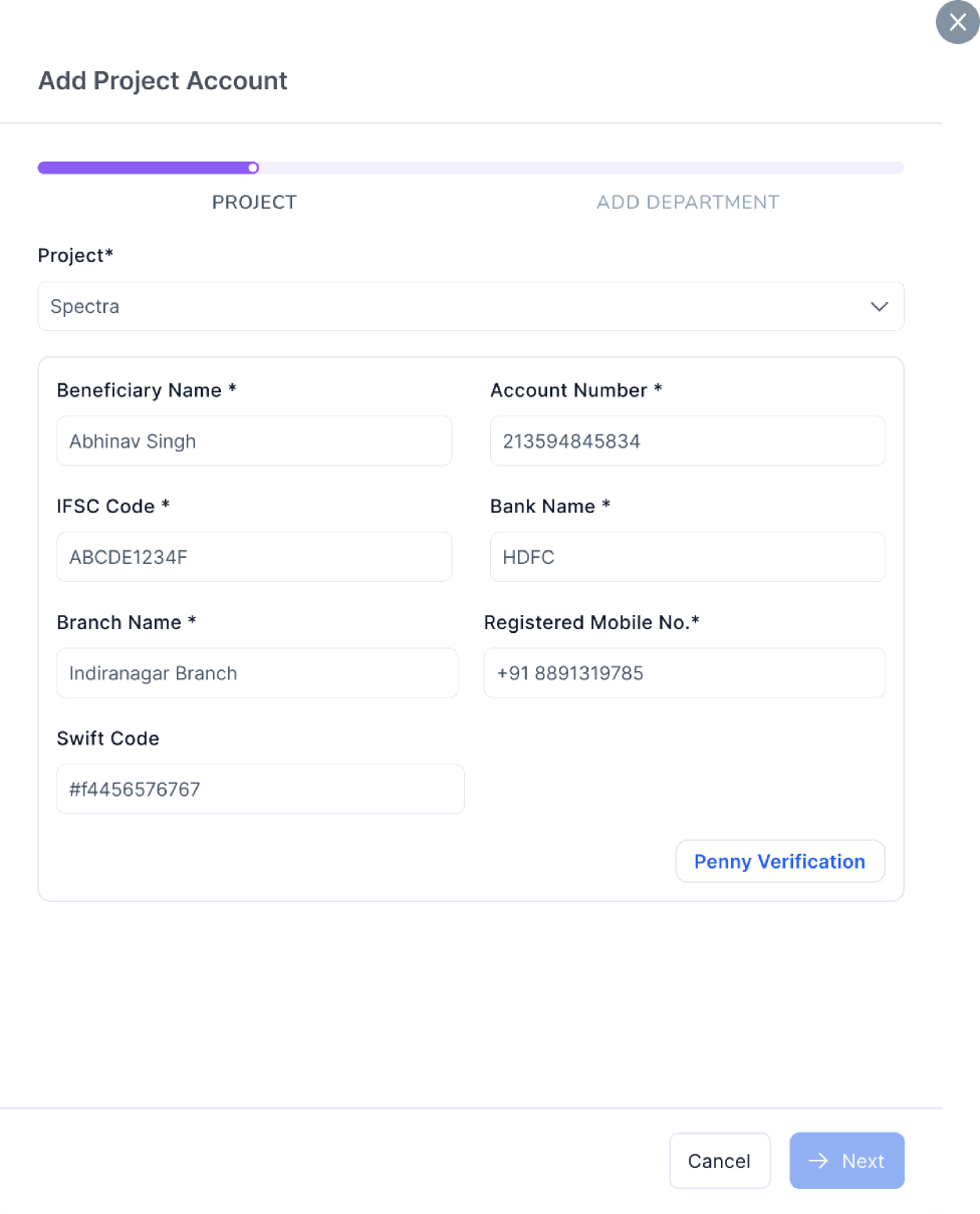 Add project account - filled form